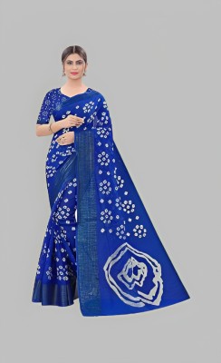 SARETRA MALL Printed Bandhani Cotton Blend Saree(Blue)