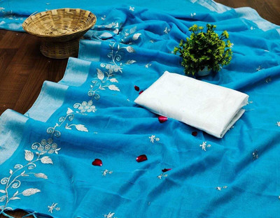 GLOWMOROUS Embroidered Chanderi Chanderi Saree(Blue)