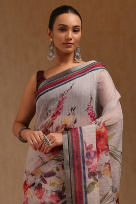 soch Printed Saree with Attached Blouse Linen Saree(White)