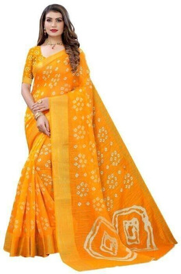 WhiteCloud Printed Banarasi Cotton Silk Saree(Yellow)