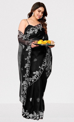 NIYANTAKSH Embroidered, Floral Print Daily Wear Net Saree(Black)