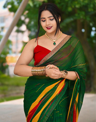 Samah Printed, Embellished Daily Wear Georgette, Chiffon Saree(Dark Green, Multicolor)