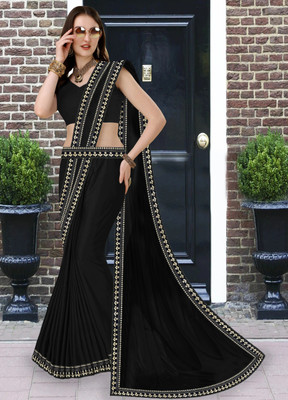 Offirra International Embroidered Banarasi Lycra Blend, Chiffon Saree(Black)