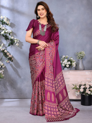 Tasrika Printed Hand Batik Crepe Saree(Magenta)