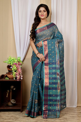 DipDiya Checkered Tant Pure Cotton Saree(Blue)