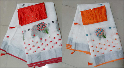 KRIVITY Self Design Bollywood Cotton Linen Saree(Pack of 2, Orange, Red, White)