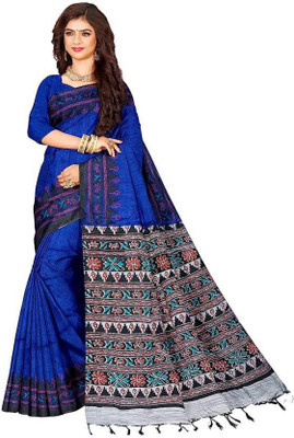 Joyguru Textile Printed Handloom Cotton Blend Saree(Blue)