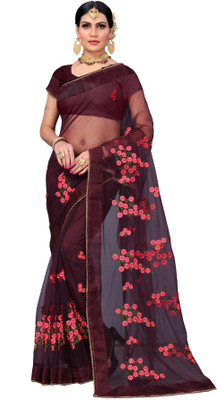 DWINIZAA STORE Embroidered Bollywood Net Saree(Maroon)