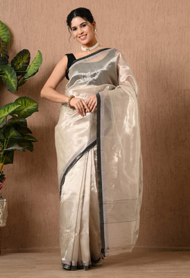 The Weavers Shop by Raavi Solid/Plain Bollywood Tissue Saree(White)