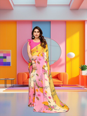 SmittenSmit Printed Bollywood Georgette Saree(Yellow, Cream, Pink)