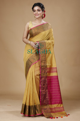 SLAGHA Woven, Embellished, Self Design Assam Silk Handloom Cotton Silk Saree(Yellow, Pink)