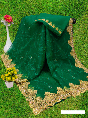 MIYANIFAB Embroidered, Floral Print Bollywood Net Saree(Green)