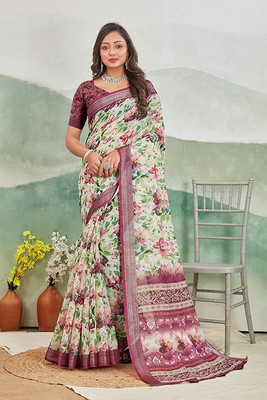 havya creation Printed Banarasi Linen Saree(Multicolor)