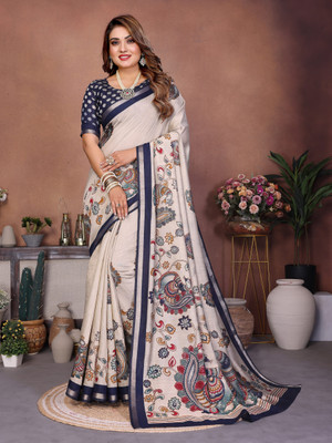 Sarly Printed Bollywood Cotton Blend Saree(Cream)