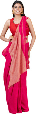 Durga Handlooms Solid/Plain Handloom Cotton Linen Saree(Pink)