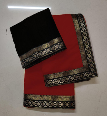 Volmina Self Design, Solid/Plain Chanderi Cotton Blend Saree(Red)