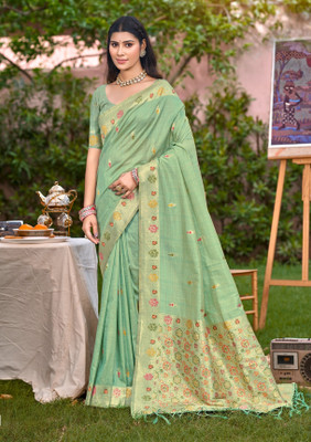 BUNAWAT Woven Assam Silk Raw Silk Saree(Green)
