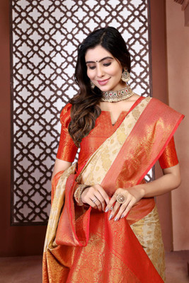 Aksh Fashion Self Design, Woven Banarasi Silk Blend, Jacquard Saree(Beige)