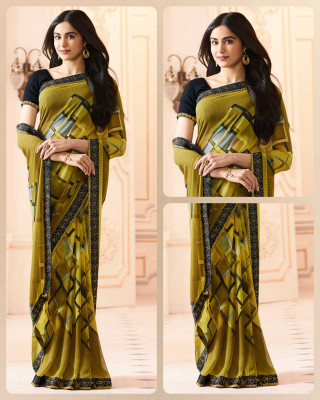 peer store Printed, Self Design, Digital Print, Embroidered, Floral Print, Solid/Plain Daily Wear Georgette, Chiffon Saree(Light Green)