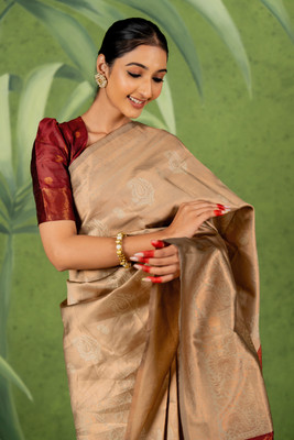 SUBHAM Woven, Embellished Kanjivaram Silk Blend Saree(Beige, Maroon)
