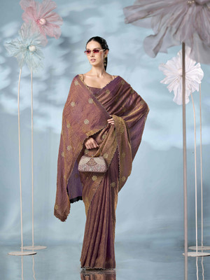 Tikhi Imli Embroidered Bollywood Satin Saree(Brown)