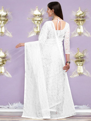 NEXA Self Design Bollywood Net Saree(White)