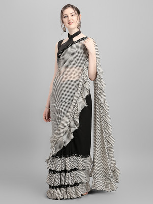 Georgette Saree Self Design, Printed, Digital Print Bollywood Georgette, Chiffon Saree(White, Black)