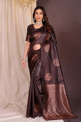 VARUTEX Woven Kanjivaram Art Silk Saree(Brown)