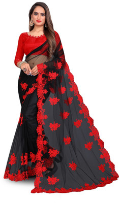 Tirth International Embroidered Bollywood Net Saree(Black, Red)