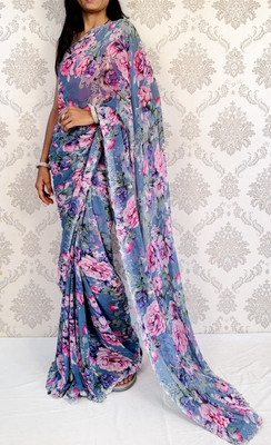 SILKSHOW Printed Bollywood Georgette Saree(Blue)