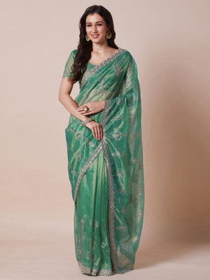 House of Pataudi Embroidered Bollywood Net Saree(Green)