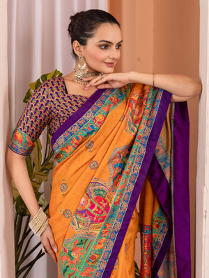ANOUK Printed Daily Wear Silk Blend Saree(Mustard)