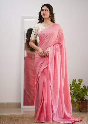 VERVE Solid/Plain Handloom Cotton Blend Saree(Pink)