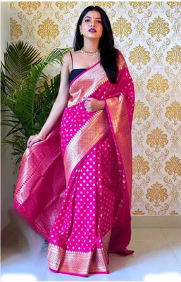 Omsaiarts Woven Kasavu Silk Blend Saree(Pink, Beige)
