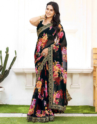 Samah Printed, Embroidered, Embellished Bollywood Georgette Saree(Black)
