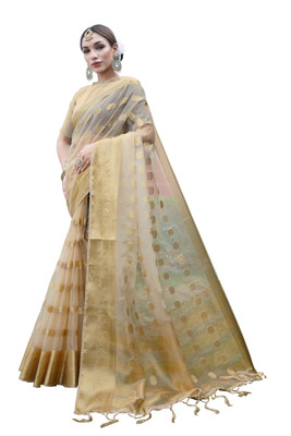 KOTHARI SBT Solid/Plain, Printed Bandhani Organza Saree(Cream)