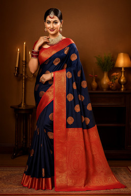 banalata fashion Printed Banarasi Georgette Saree(Dark Blue, Red)