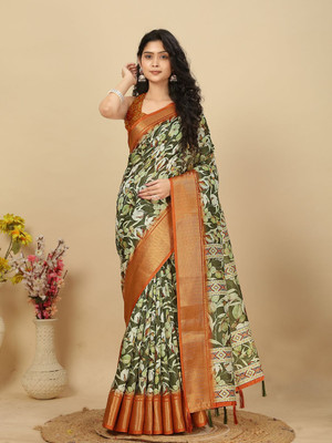 HouseOfCommon Printed, Woven Assam Silk Art Silk Saree(Green)