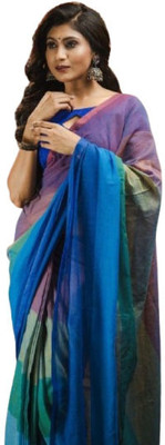 ANU INDIAN FASHION Solid/Plain Handloom Cotton Blend Saree(Multicolor)