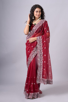 nirmal creation Solid/Plain Bollywood Net Saree(Maroon)