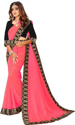 LIMTD Solid/Plain Jamdani Georgette, Chiffon Saree(Pink)