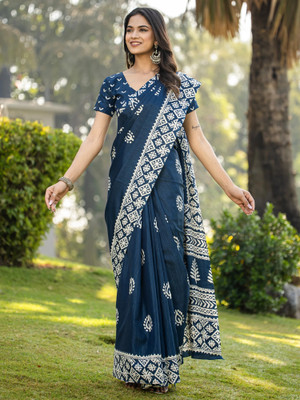 Divastri Printed Daily Wear Cotton Blend Saree(Dark Blue)