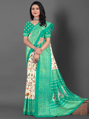 Divastri Printed Daily Wear Silk Blend Saree(White)