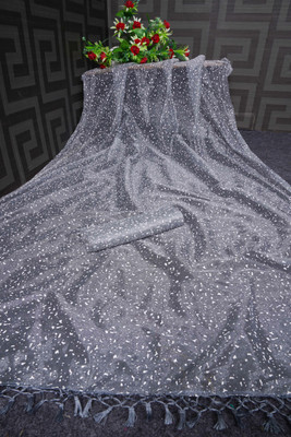 GZS Printed Banarasi Net Saree(Grey)