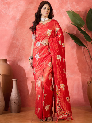 Sangria Self Design Saree with Attached Blouse Silk Blend Saree(Orange)