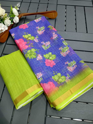 Saaransh Floral Print Kanjivaram Linen, Cotton Silk Saree(Blue)