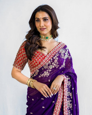GOLDOLL FAB Embroidered Bollywood Organza Saree(Purple, Red)