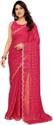 ROOP SUNDARI SAREES Embroidered, Blocked Printed Bollywood Pure Silk Saree(Pink)