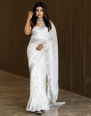 Samah Woven, Embellished Banarasi Cotton Silk Saree(White, Silver)