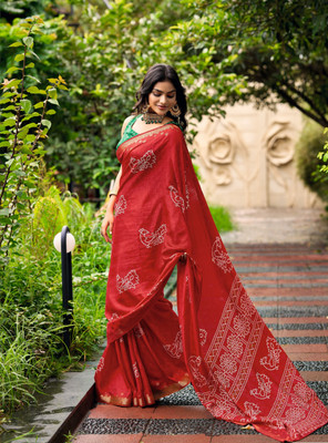 HouseOfCommon Printed Kalamkari Cotton Silk Saree(Red)